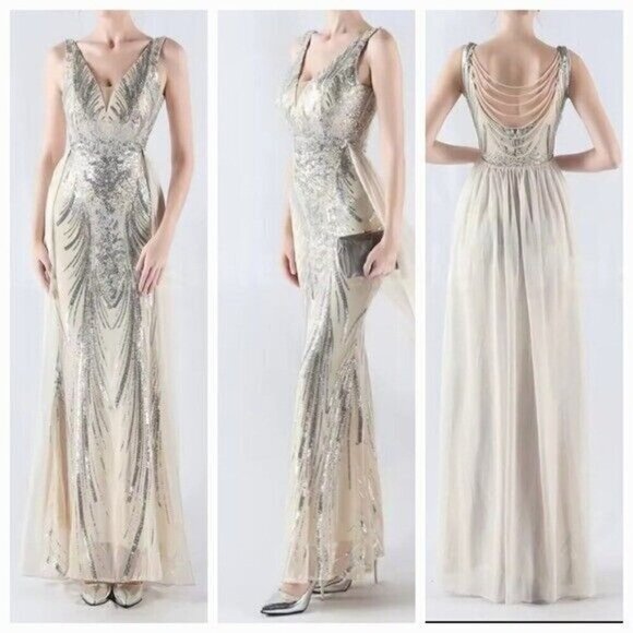 Silver, Double V, Beaded Back, Detachable Draped Skirt, Sequined Mermaid Gown - Picture 2 of 16